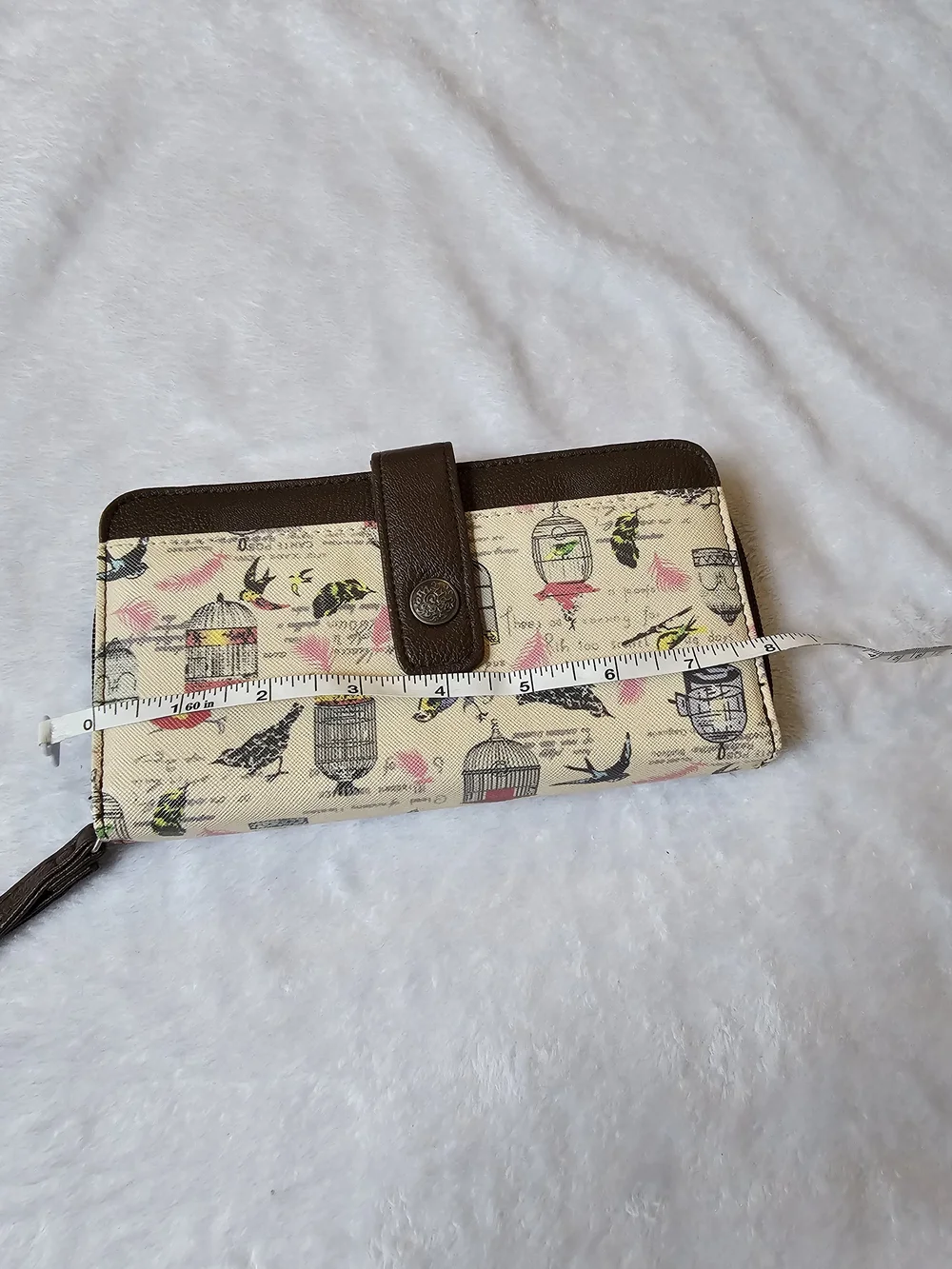 Relic Beige Canvas Wristlet Clutch with Brown Trim and Birdcage Print